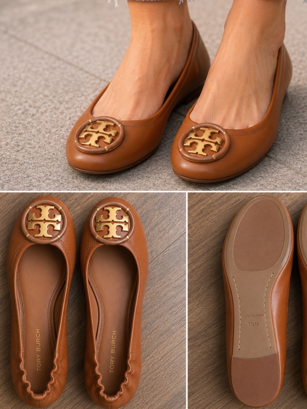 Tory Burch Minnie Ballet Flats Cognac Leather Gold Logo Size 7.5 NWOT 🤎